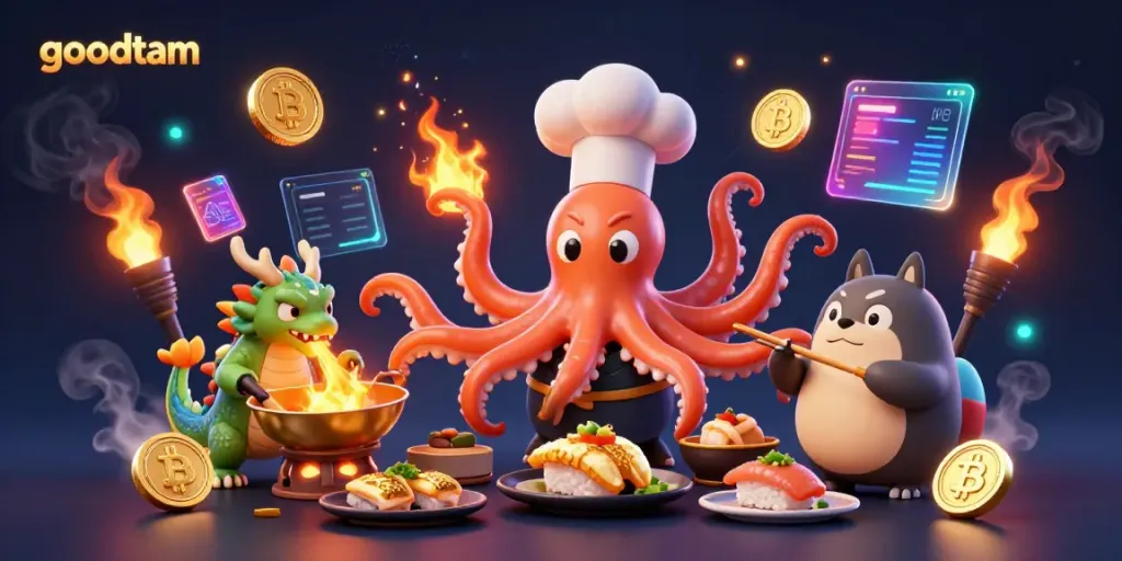 goodtam showcases a lively scene with a sushi chef octopus, dragon, and tanuki amidst vibrant crypto coins and casino elements.