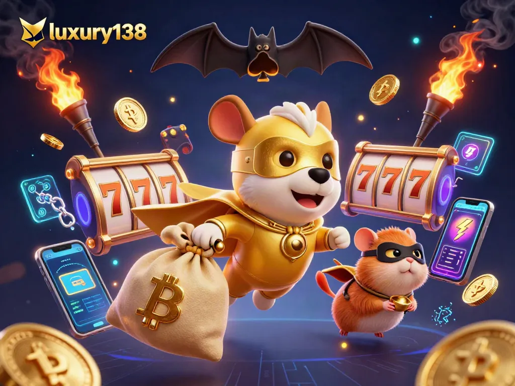 Experience luxury138’s thrilling slots with a heroic dog and hamster amidst 3D coins and jackpot symbols.