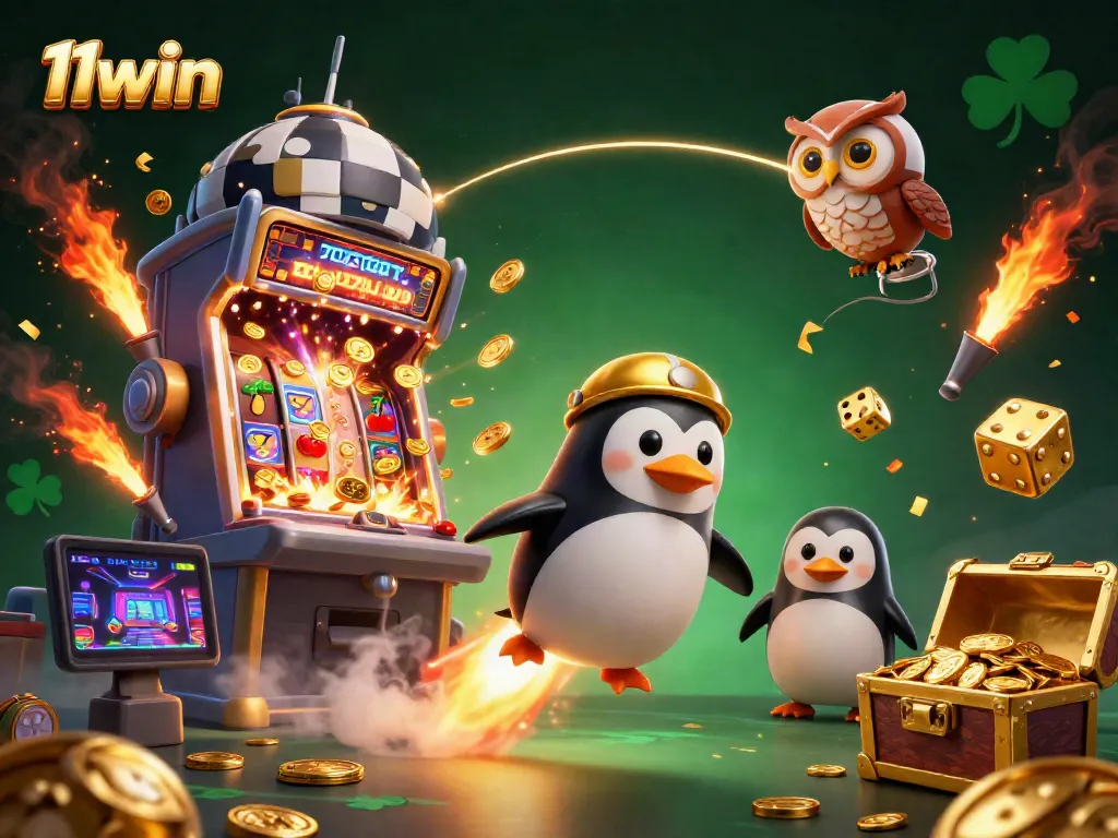 Experience the thrill of 11win with a dynamic casino illustration featuring a golden penguin and slot machine.