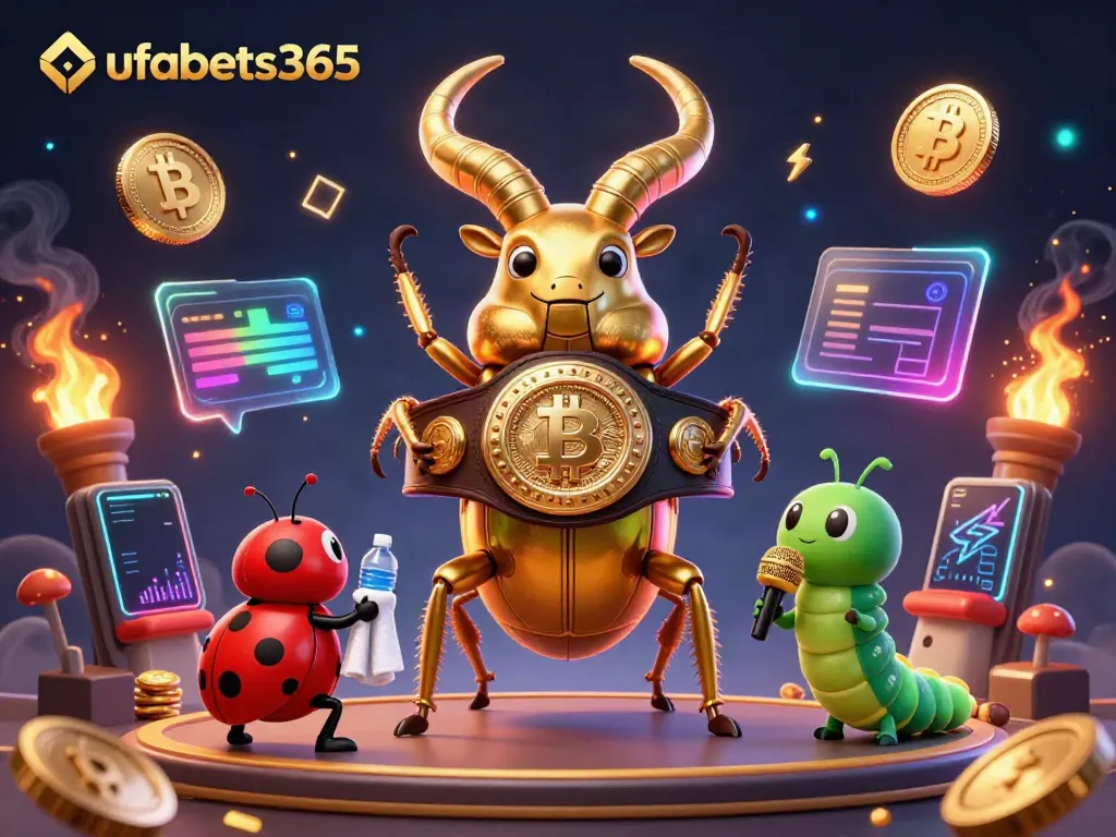 Join the action at ufabets365, where the golden beetle battles amidst glowing cryptocurrency elements.