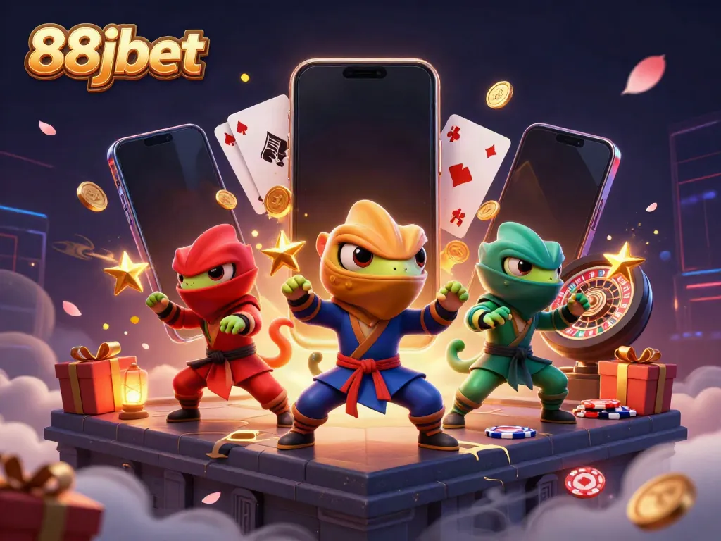 Experience thrilling gaming action at 88jbet with ninja chameleons showcasing slot games and casino elements.