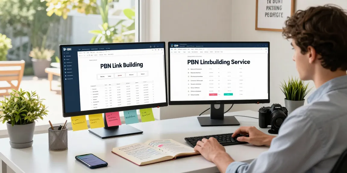 PBN link building service in action at a modern home office with analytics and strategy elements