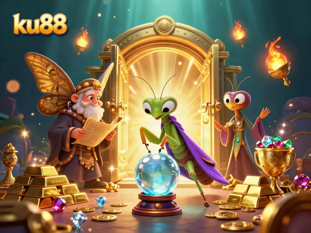 Engage with fortune-telling at KU88's vibrant casino, featuring mystical characters and shimmering treasures.
