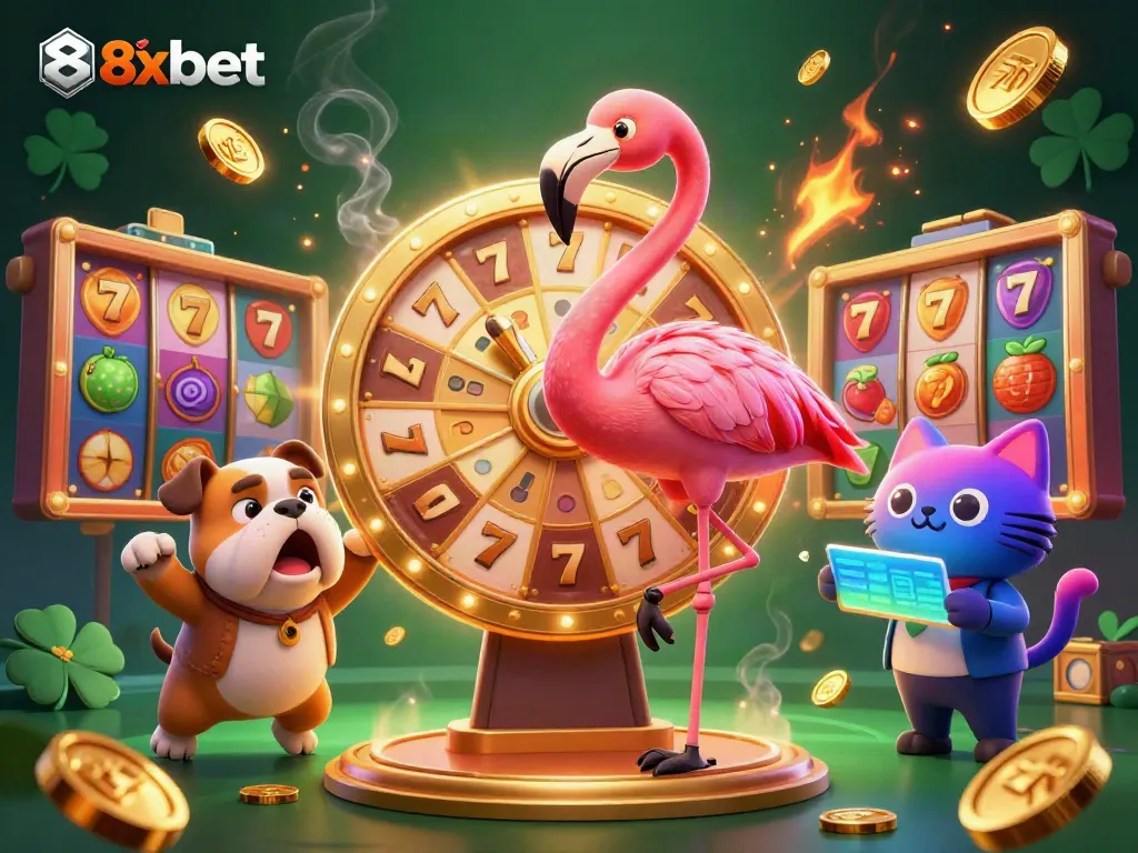 Spin and win at 8xbet with an exciting game show scene featuring a flamingo host and bulldog contestant.
