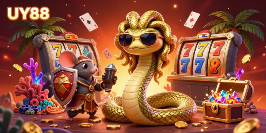 Engage with vibrant UY88 casino gameplay, featuring friendly Medusa, golden coins, and dynamic slot elements.