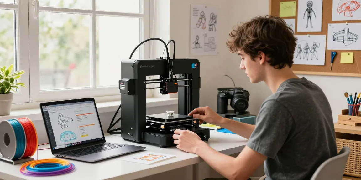 Best beginner 3D printer showcased in a creative workspace with colorful filaments and prints.