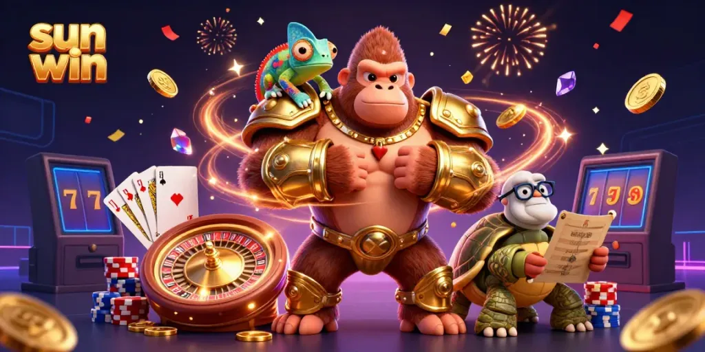 Experience sun win with a powerful gorilla king and friends amidst cascading riches in a vibrant casino scene.