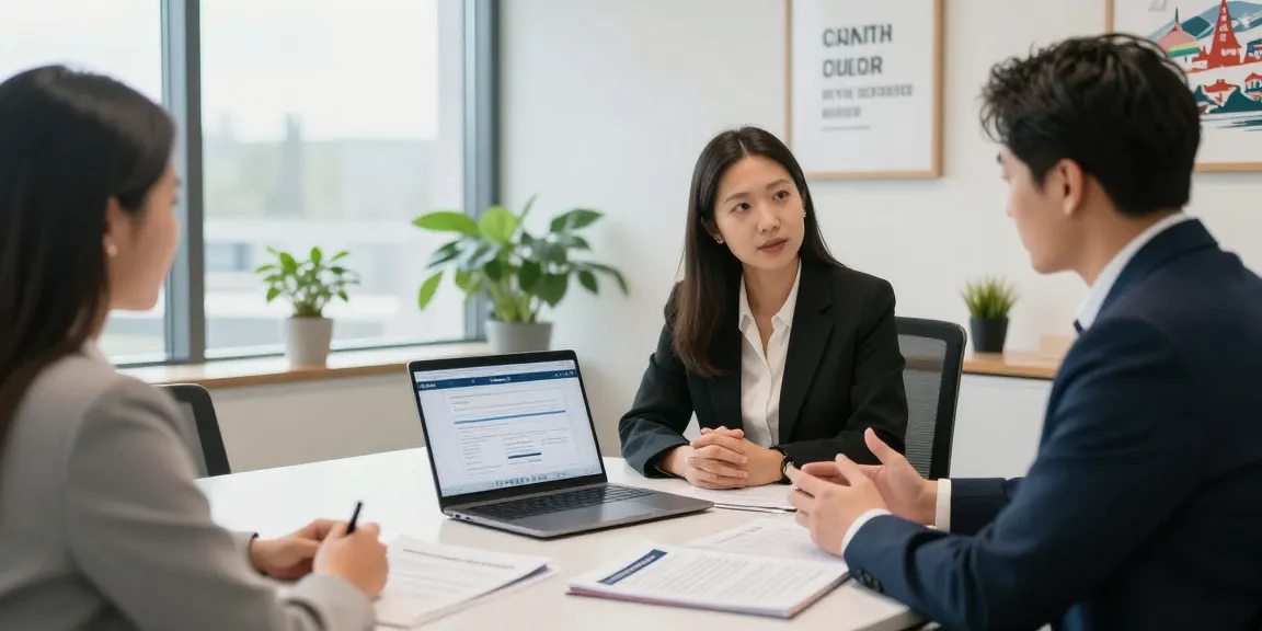 Couple consulting a professional about the Canadian immigration application tool in a modern office.