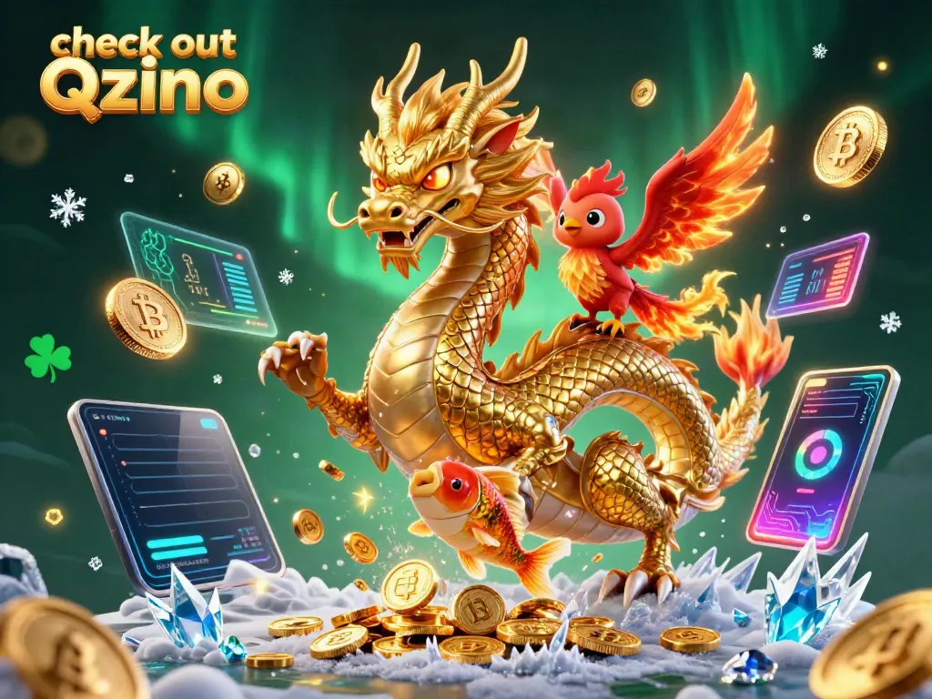 Check out Qzino with a vibrant scene of mystical creatures amid glowing crypto symbols.