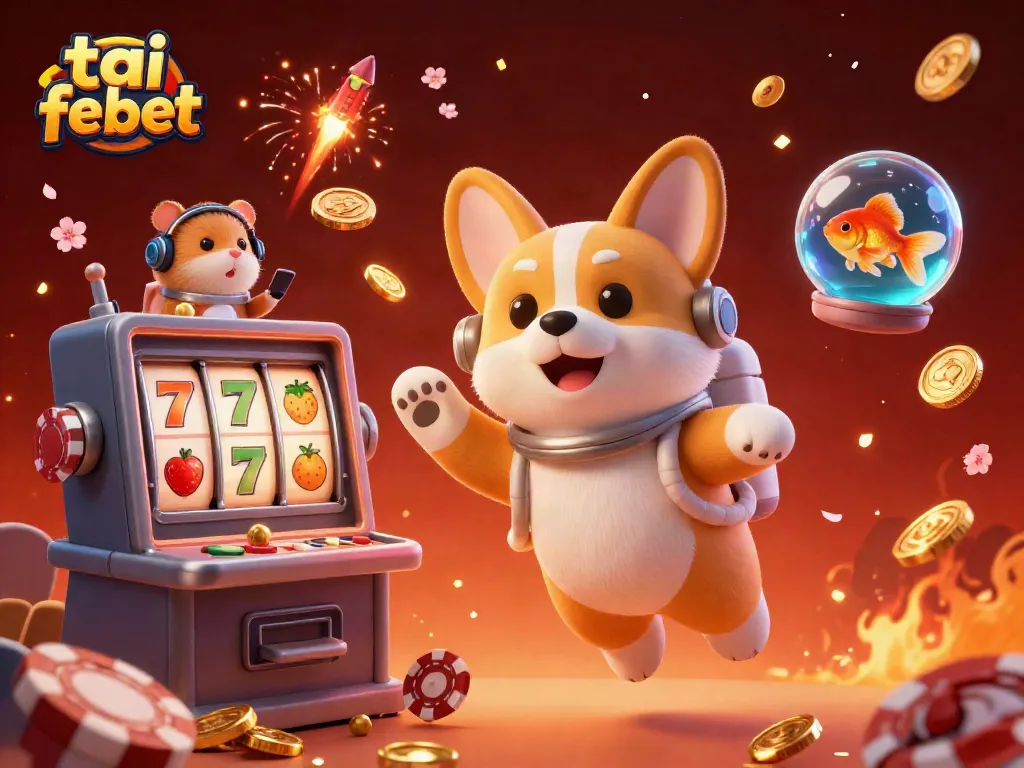 Engage with tai febet in this vibrant casino scene featuring an astronaut corgi and casino elements.
