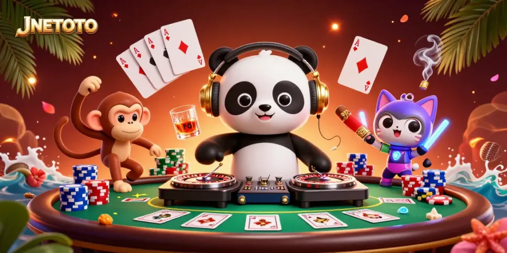 Engage with thrilling JNETOTO gaming scenes featuring a DJ panda, dancing monkey, and rave kitten!