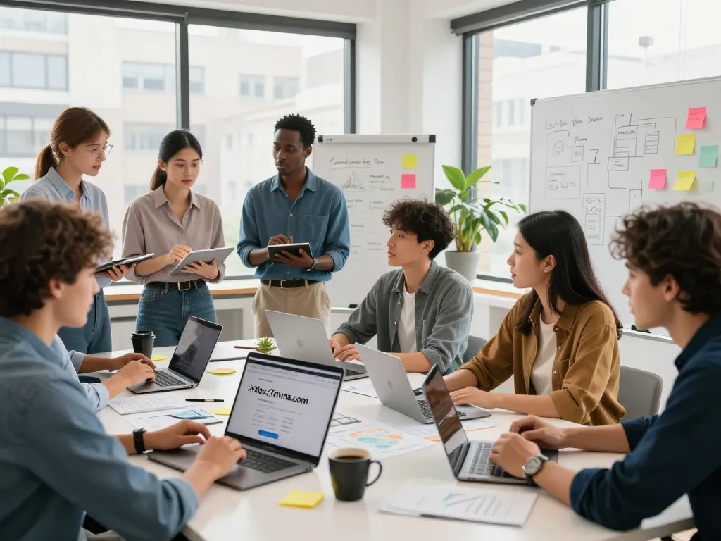 Diverse professionals collaborating on projects in a bright co-working space featuring the website https://7mvna.com/ on a laptop.