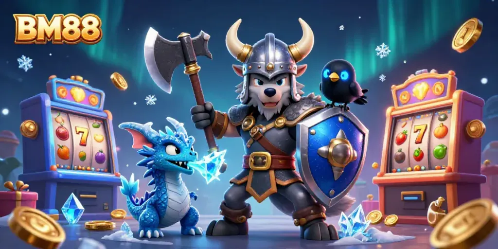 Engage with BM88's exciting slots experience featuring a Viking warrior, dragon, and animated gaming elements.