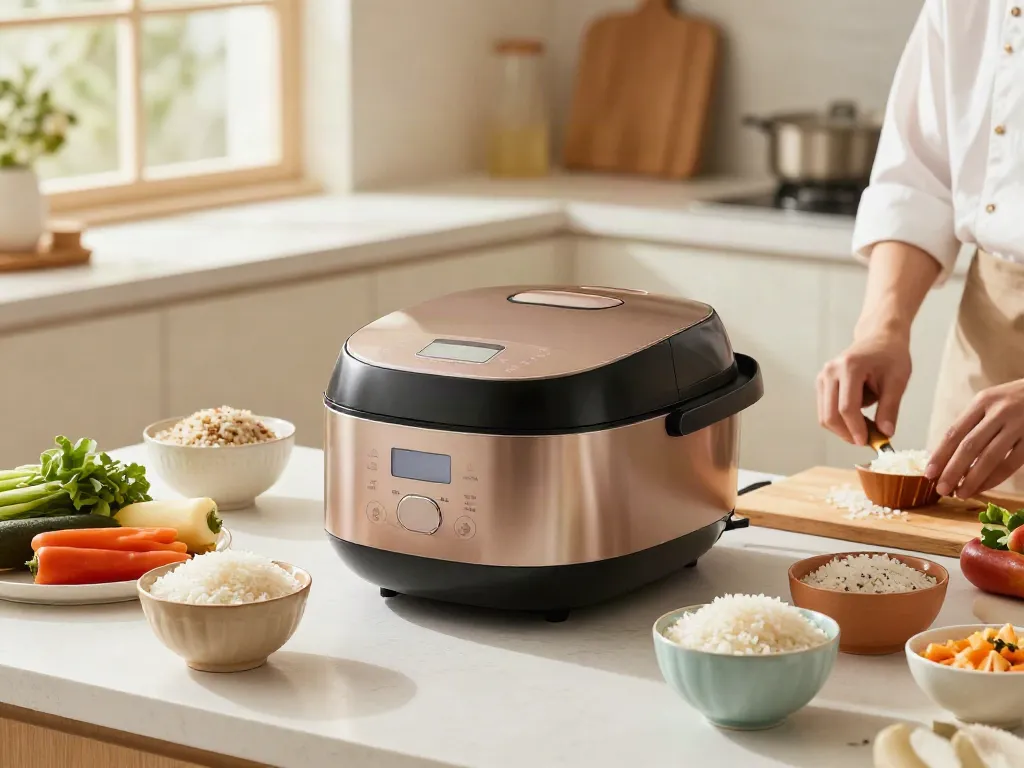 Rice Cooker Price in Bangladesh featured in a modern kitchen with fresh ingredients.