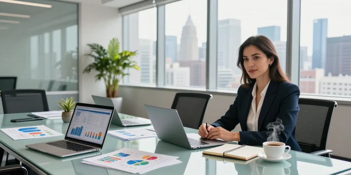 Jaklin Dalir strategizing in a bright corporate workspace with laptops and data visuals.
