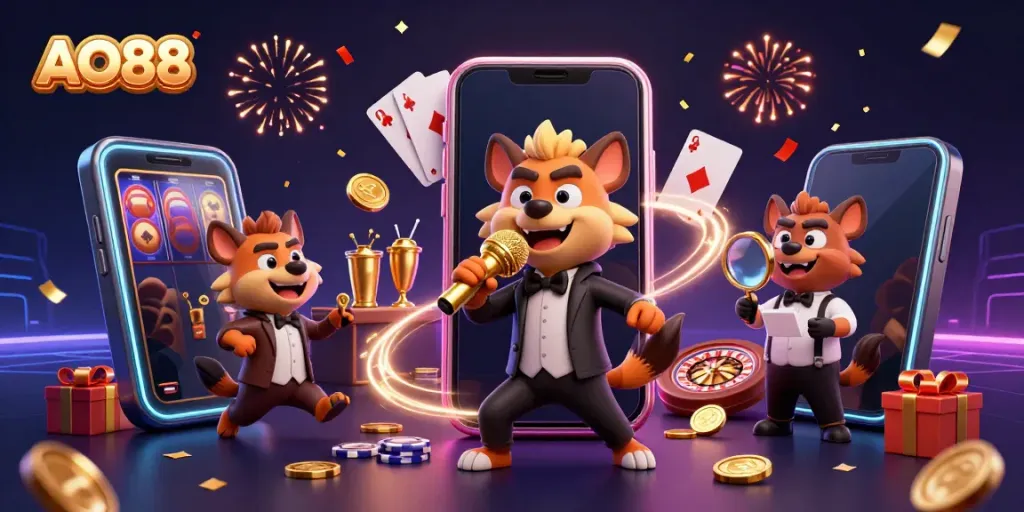 Experience the vibrant AO88 comedy casino scene with hyenas as bartenders and entertainers.