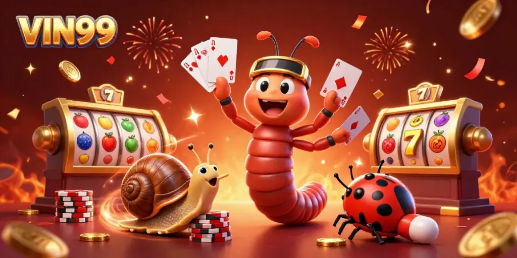 Experience the excitement of VIN99 with a dynamic casino scene featuring a millipede dealer and high-roller snail.