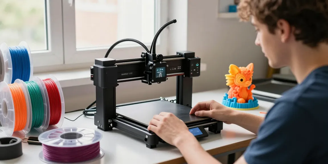 Setting up the Best beginner 3D printer SPARKX i7 with colorful filaments and 3D models in a bright workshop.
