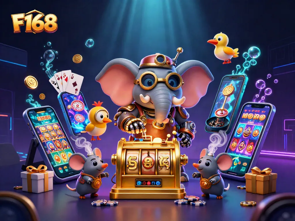 Experience thrills with F168 in this vibrant steampunk casino scene, featuring dynamic gaming action and whimsical characters.