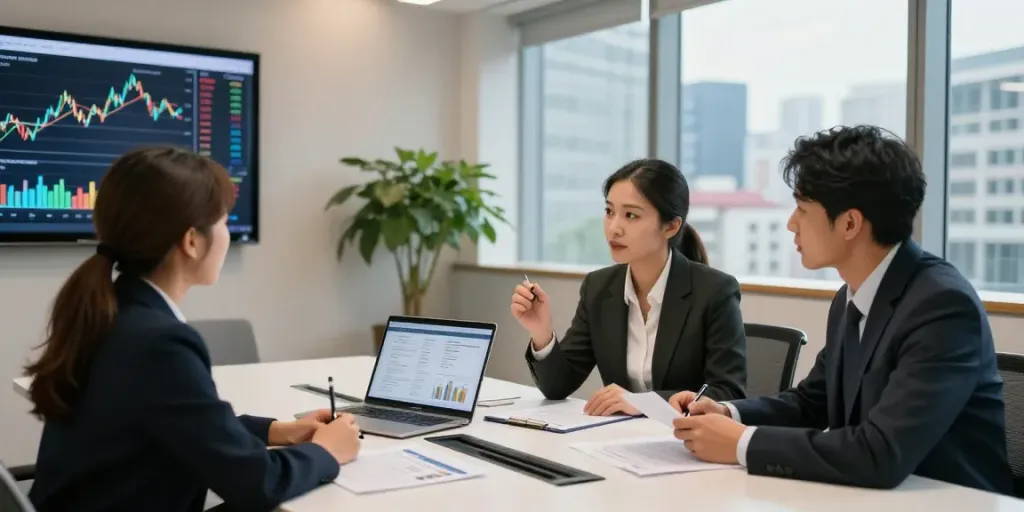 Financial planning Montreal session with a planner discussing strategies with clients in an office.
