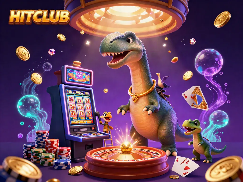 Engage with HITCLUB as a giant brontosaurus towers over a vibrant slot machine scene filled with excitement.
