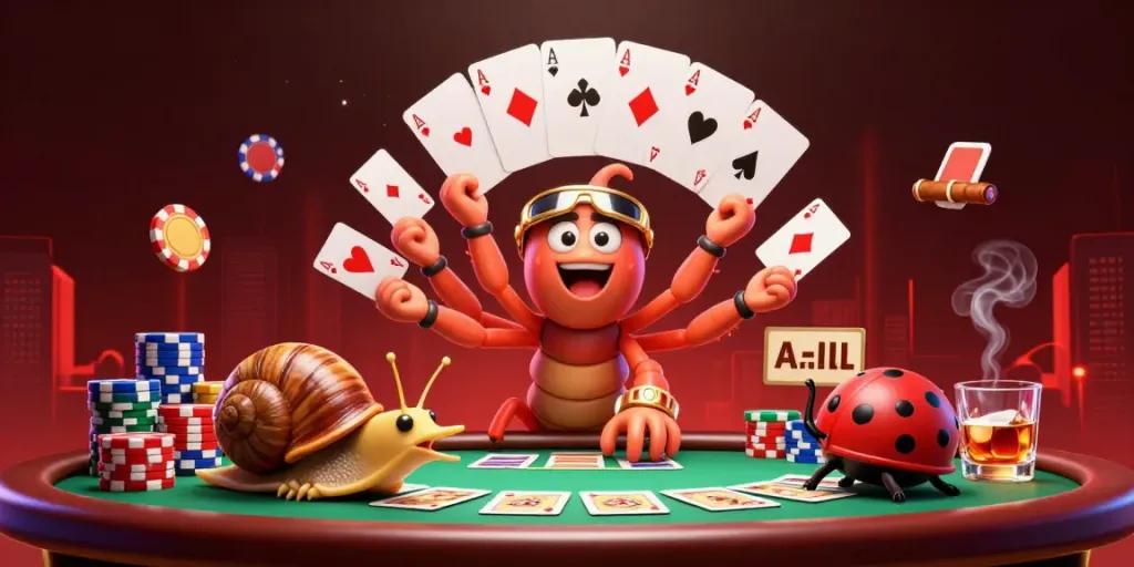 Permainan kartu di meja poker dengan kangtoto, dealer unik dan tumpukan chip besar.