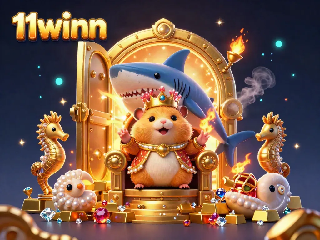 Experience the 11winn thrill with a golden hamster king in a treasure-filled casino scene.