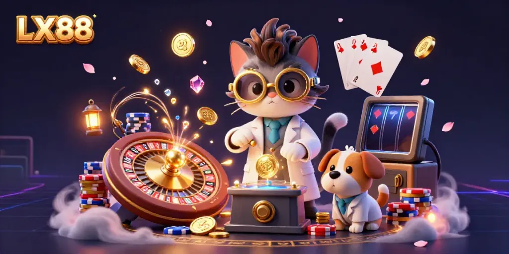 Experience thrilling games with LX88's captivating fantasy casino scene rich in golden coins and high-stakes excitement.