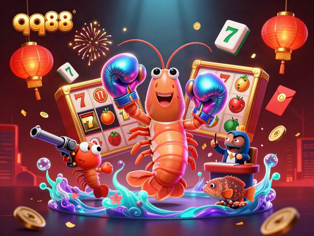 Engage with qq88's vibrant casino scene featuring dynamic slot elements, lively characters, and rich decorative details.