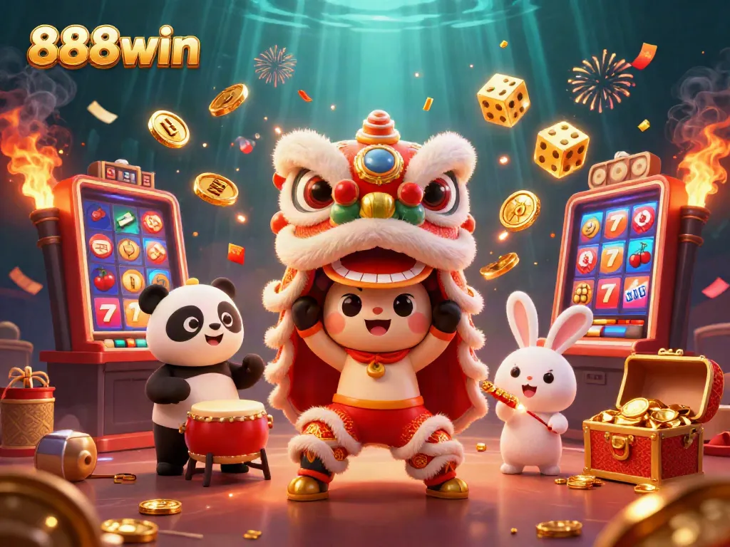 Experience 888win excitement with a vibrant 3D lion dance celebration surrounded by casino elements.