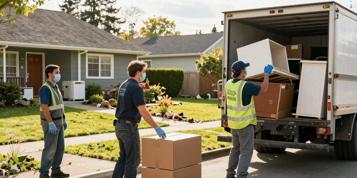 Efficient team working in target Junk Removal Vancouver, loading junk onto truck during sunny day.
