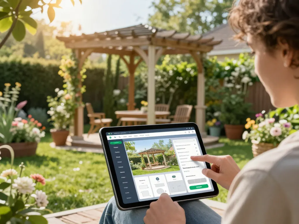 3D Pergola Configurator showcased by a person in a beautiful garden setting, adjusting pergola design and materials.