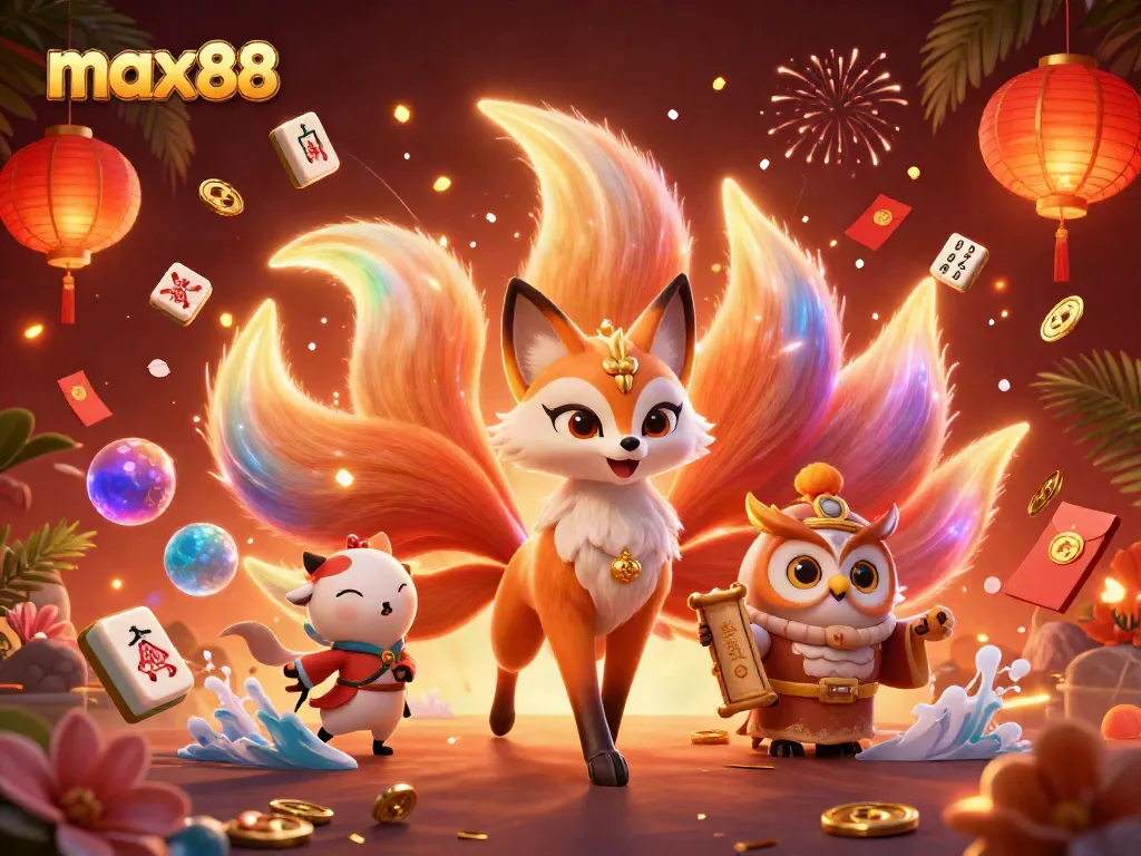 Experience the vibrant excitement of max88 casino with a magical scene of a nine-tailed fox and treasures.