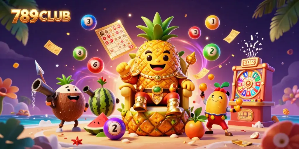 Engaging illustration of 789CLUB's golden pineapple king and tropical casino elements, celebrating gaming excitement.