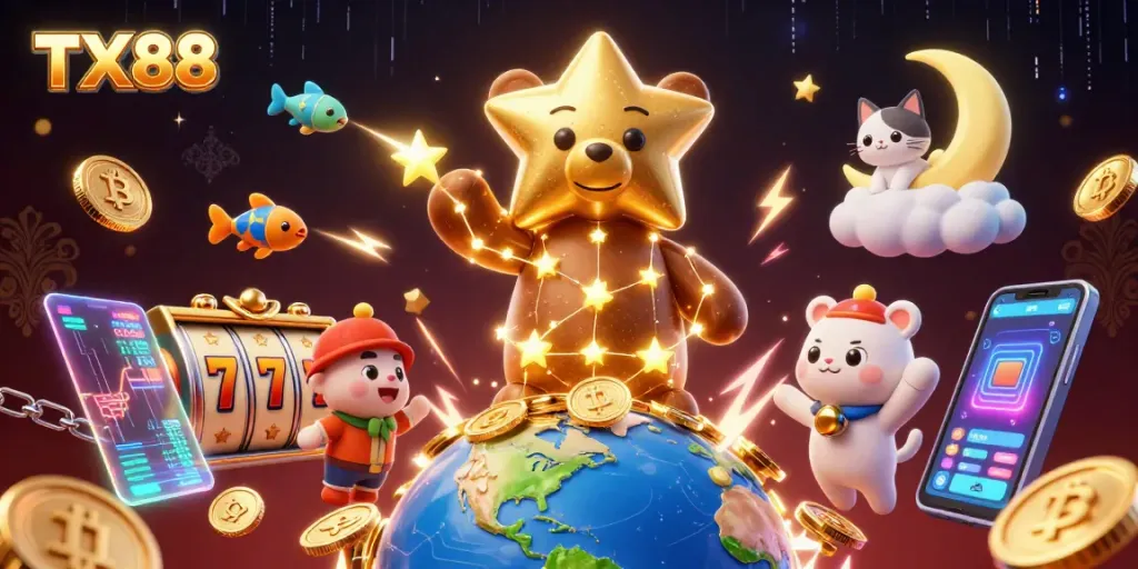 Experience winning with TX88's immersive casino universe, featuring vibrant characters and engaging gameplay elements.