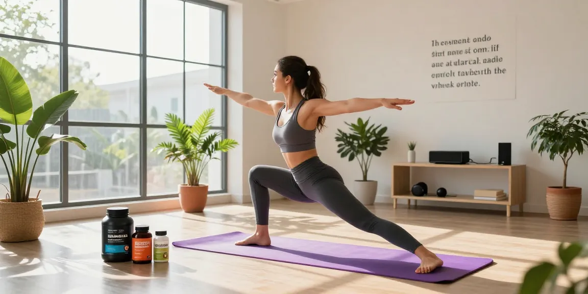 Woman practicing yoga in a modern gym surrounded by peptide products and vibrant plants.
