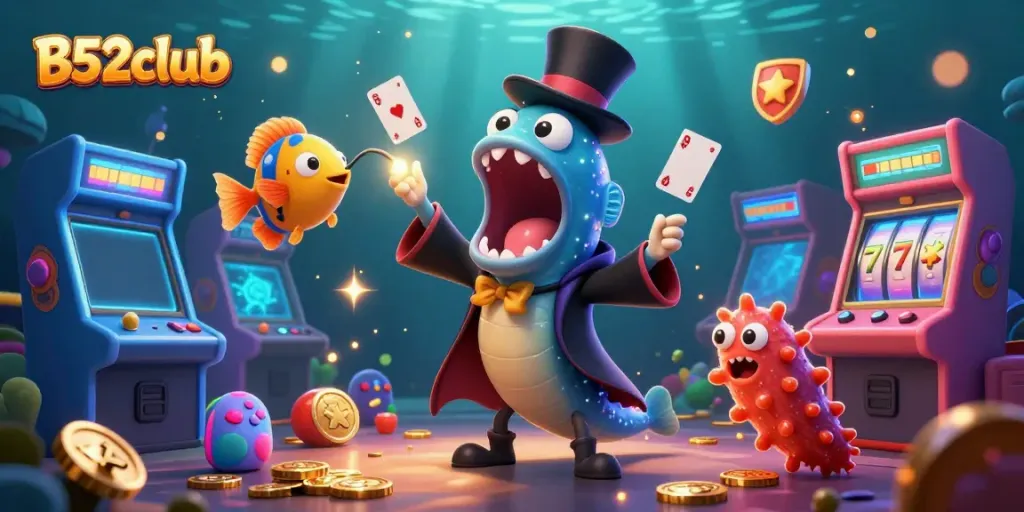 B52club's enchanting casino scene with vibrant game elements and magical sea creatures showcasing card tricks.