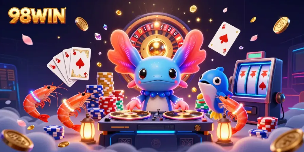 Experience thrilling gameplay at 98WIN with vibrant visuals from a neon-colored axolotl DJ and dazzling casino elements.