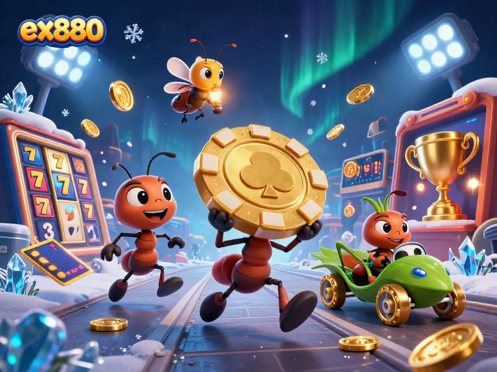 Bet on the exciting heist of the ex880 team carrying a giant poker chip in a vibrant casino world.