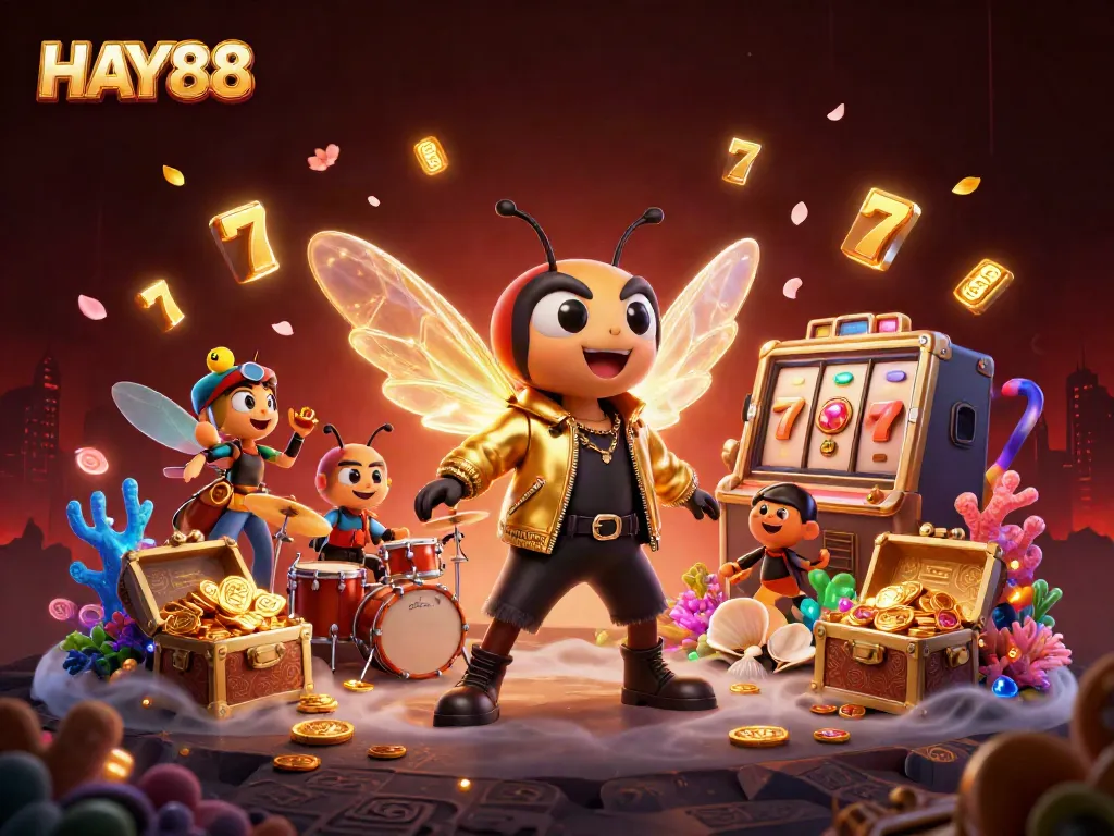 Experience thrilling casino moments with HAY88 in a vibrant 3D illustration filled with games and excitement.