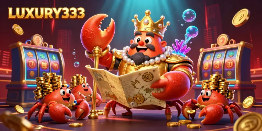 LUXURY333 casino-themed cartoon illustration showcasing a golden crab emperor and hermit crab servants amidst vibrant gaming elements.