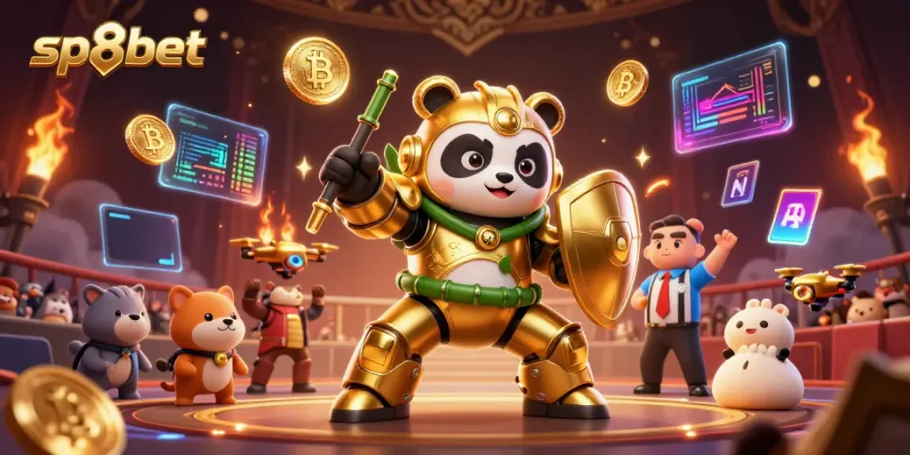 Immerse in sp8bet's vibrant gaming world featuring a golden panda in a mech-suit amidst cheering fans and cryptocurrency elements.