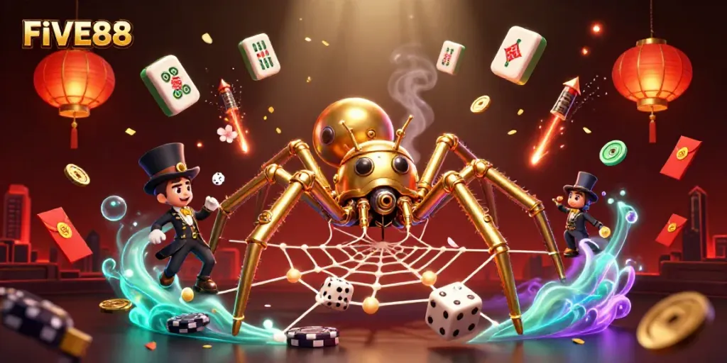 Experience the thrill of FIVE88 with a golden spider web, poker chips, and vibrant gaming elements.