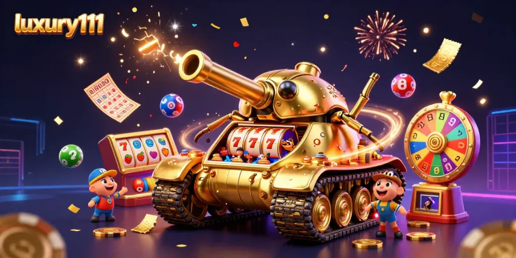 Experience luxury111's vibrant casino atmosphere with dynamic gaming elements and festive celebration.