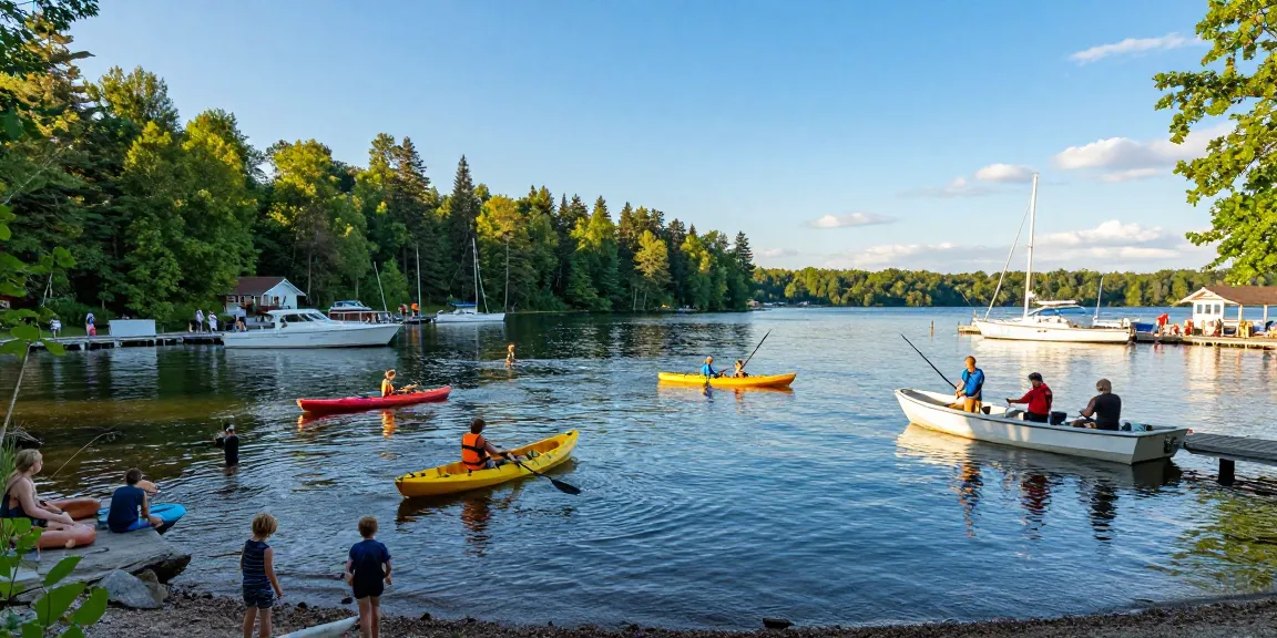 Families enjoying summer at Kawagama lake marina with boats and vibrant activities.