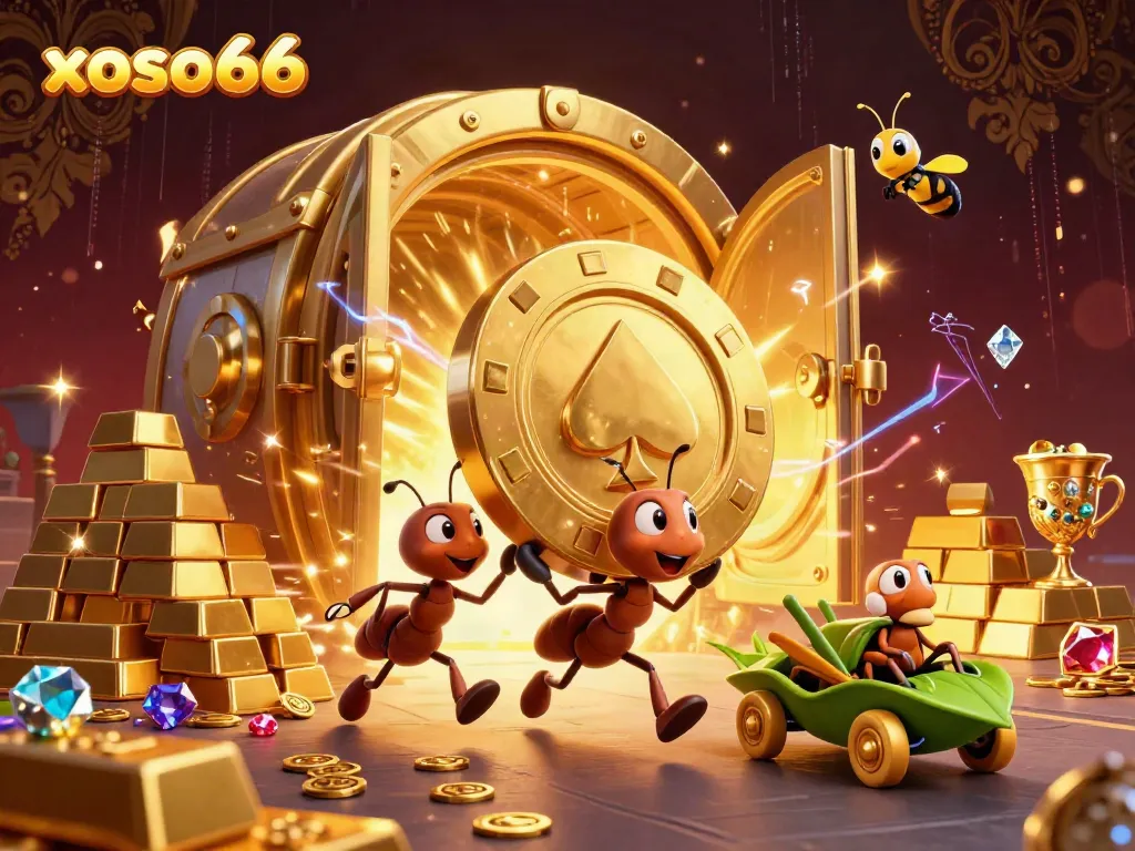 Join xoso66's heist featuring ants carrying a giant poker chip within a treasure-filled tunnel, creating an electrifying gambling experience.