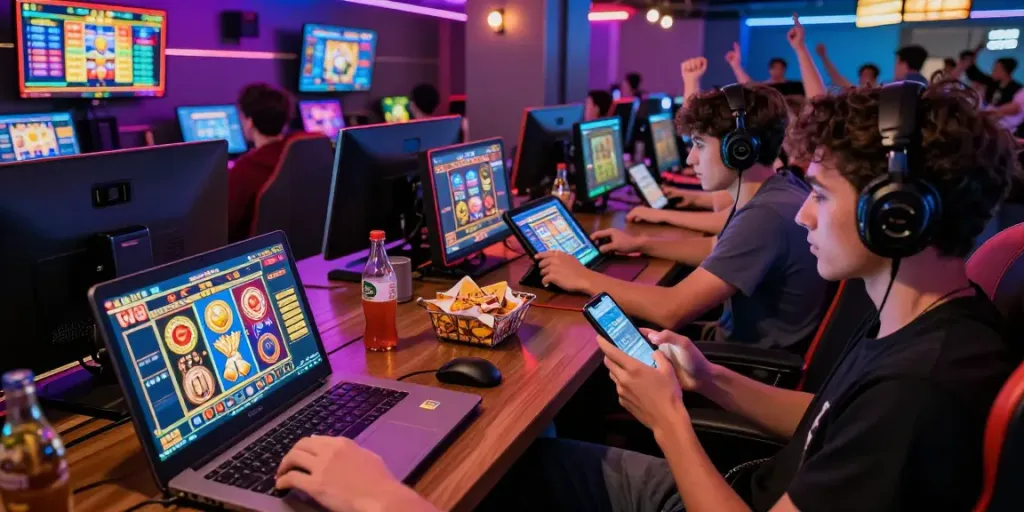 Pengguna kangtoto bermain slot online dengan berbagai perangkat dalam suasana meriah.