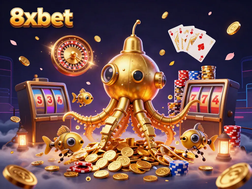Experience thrilling gaming with 8xbet and a golden kraken submarine amidst cascading coins.