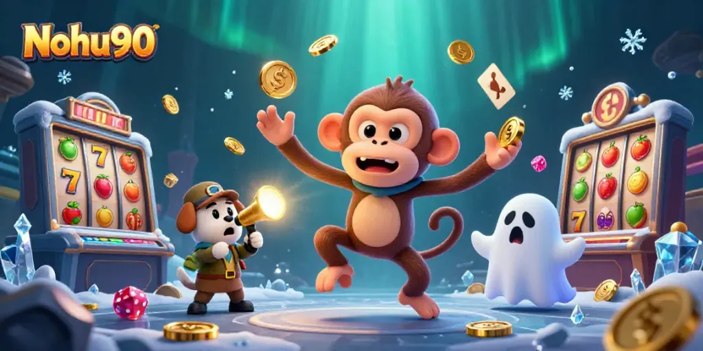 Nohu90 showcases an exciting scene with a playful monkey juggling casino elements, perfect for online gaming.