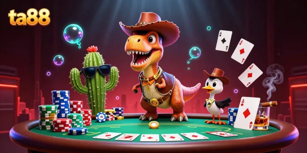 Engage with the ta88 casino world through an action-packed poker scene featuring colorful chips and characters.
